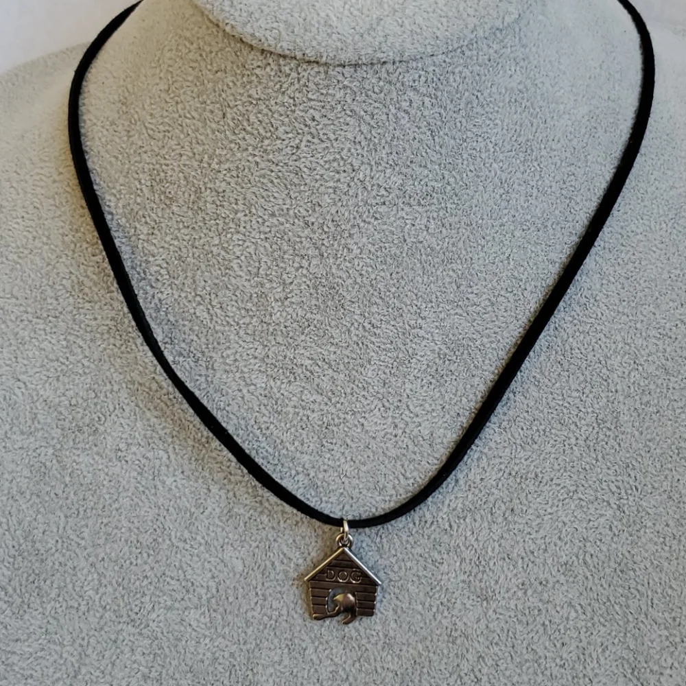 Mens doghouse charm on black suede necklace